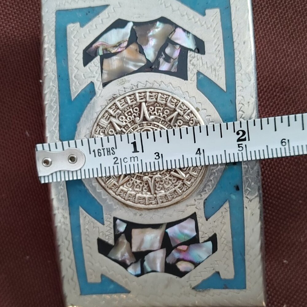 Vintage Aztec Sun Dial Belt Buckle – Silver with Blue Accents - Picture 6 of 7
